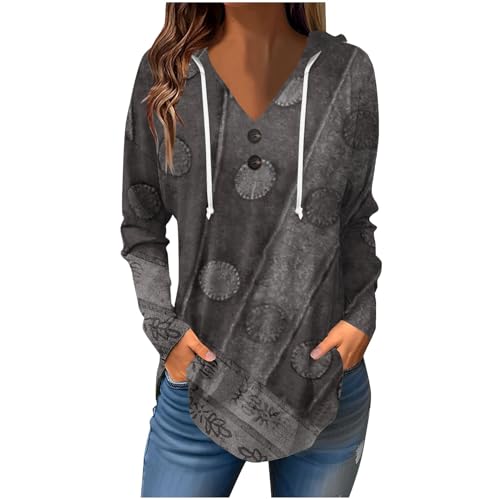 Sweatshirt Damen,Damen Retro Drucken Button Down V-Ausschnitt Hoodie Pullover Oversize Sport Langarmshirt Mit Kapuze Mode Kordelzug Kapuzenpulli Casual Streetwear Outerwear Tops S-XXXL von SHE.White