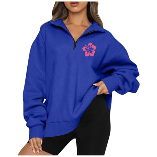 Sweatshirt Damen Sweatshirt Damen Oversized thermounterhemd Damen V-Ausschnitt 1/4 Zip Up Briefe Drucken Lang Pulli Outdoor Ohne Kapuze Sweatshirt Bluse Coole Sachen für mädchen (Blau, XL) von SHE.White