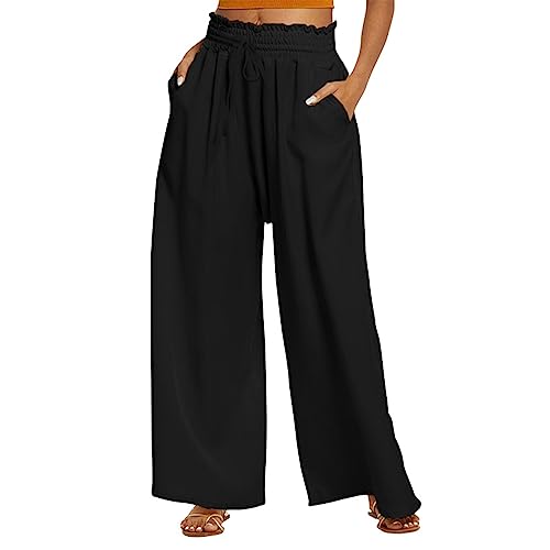 Warehouse Deal, Bein Damen Damenhose Mit Gummizug Y2K Weite Hose Palazzo Pants High Waist Weite Hosen Mit Taschen Elegant Damenhose Palazoo Hosen Damen Lang Hose Damen High Waist(Schwarz,Xxl) von SHE.White