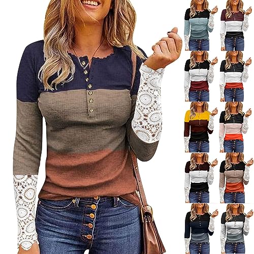 Warehouse Deal, Bluse Top Weiß Damen Damen Langarmshirt Elegant Slim Fit Patchwork Spitze Ärmel Button Down T-Shirt Pullover Langarm Long Sleeve Shirt Women (Gelb,XXL) von SHE.White