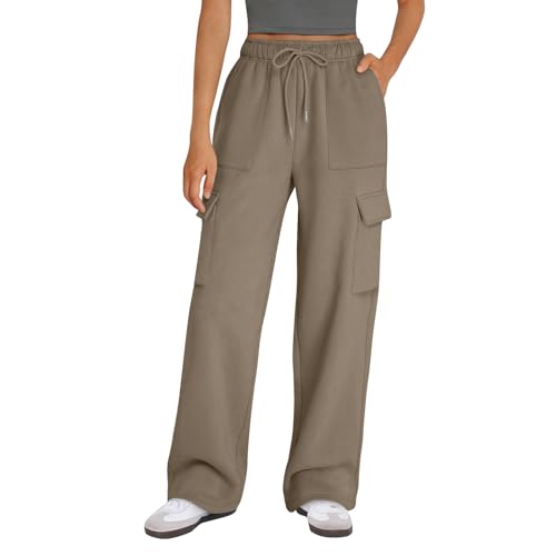 Warehouse Deal, Jogginghose Kuh Hose Damen Damen Baggy Jogginghose Hoher Taille Sweatpants Mit Taschen Outdoor Sporthose Loose Freizeithose Bequeme Hose Damen Fleecehose Damen(A03 Camel,3XL) von SHE.White