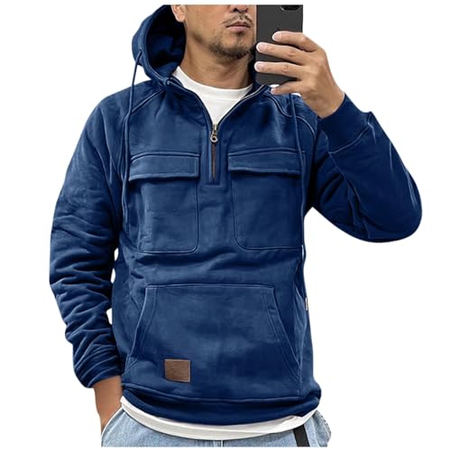 Warehouse Deal, Langarmshirt Hoodie Herren Winter 1/4 Zip Up Mit Brusttasche Modische Hoodies & Sweatshirts Langarm T Shirts Sport Fitness Einfarbig Half Zip Pullover(Blau,XL) von SHE.White