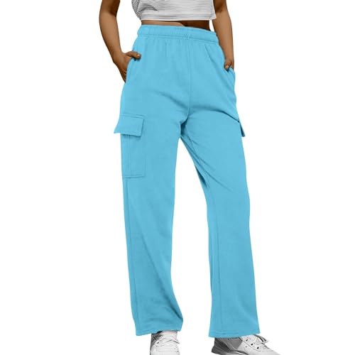 Warehouse Deal, Thermojeans Damen Silber Hose Damen Baggy Jogginghose Hoher Taille Sweatpants Mit Taschen Outdoor Sporthose Loose Freizeithose Loungewear Damen Gefütterte Hose(A02 Light Blue,XL) von SHE.White