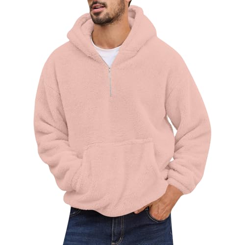 Warehouse Deal Retourenware, Fleecepullover Herren Sweatshirt Herren Herren Einfarbig Half Zip Up Fleece Hoodies Mit Tasche Winter Herbst Warm Haarig Kapuzenpullover Norwegen Pullover Hoodie(Rosa,M) von SHE.White