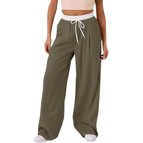 Warehouse Deal Retourenware, Wide Leg Sweathose Damen Y2K Weite Hose Palazzo Pants High Waist Weite Hosen Mit Taschen Elegant Damenhose Schwarze Weite Hose Damen Orangene Hose Damen(1-Army Green,XL) von SHE.White