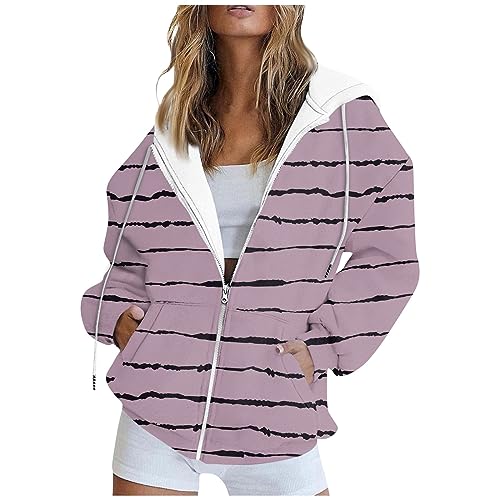 Warehouse Deal retourenware Winterjacken für Damen Sweatjacke Damen Zip Up Gestreiftes Kapuzenjacke Mantel Mit Tasche Y2K Outdoor Langarm Sweatshirt Jacke Mit Kapuze Pullover rot (Light Purple, M) von SHE.White