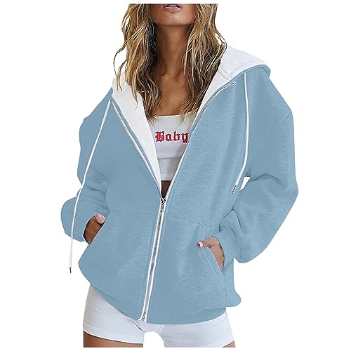 angebot des tages damen sweatjacke fleecepullover damen Damen Sweatjacke Oversize Outdoor Zip Up Kapuzenjacke Mit Kordelzug Einfarbig Bequem Winter Sweatshirtjacke kuscheljacke damen (Hellblau, M) von SHE.White