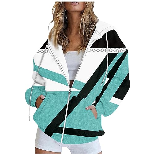 angebote damen damen pullover winter damen hoodie Damen Sweatjacke Langarm Oversize Y2K Zipper Kariert Drucken Drawstring Kapuzenpullover Mantel Athletic Jacke plüschjacke damen (Hellblau, L) von SHE.White