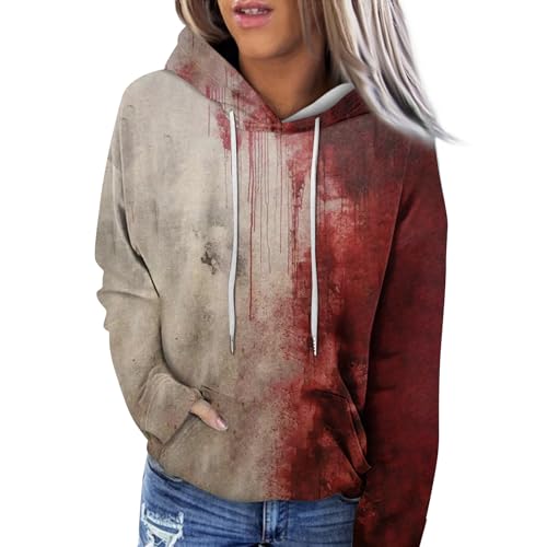 angebote damen sweatshirt damen m pullover halloween Damen Oversize Kapuzenpullover Blut Verletzung Horror Pullover Mit Taschen Winter Festlich Party Kostüm horror kostüme für damen (Rot, XXL) von SHE.White