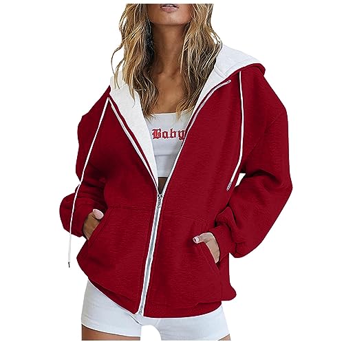 angebote damen trainingsanzug damen übergangsjacke damen Hoodies Damen Oversize Einfarbig Y2K Sweatjacke Mantel Winter Outdoor Kapuzenjacke Pulli Mit Tasche sweatshirt damen baumwolle (Wein, M) von SHE.White