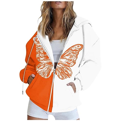 angebote des tages heute damen sweatshirt damen winterjacke damen Damen Mode Schmetterlings Muster Drucken Kapuzenjacke Mit Tasche Langarm Drawstring Sweatjacke damen pullover grün (Orange, M) von SHE.White