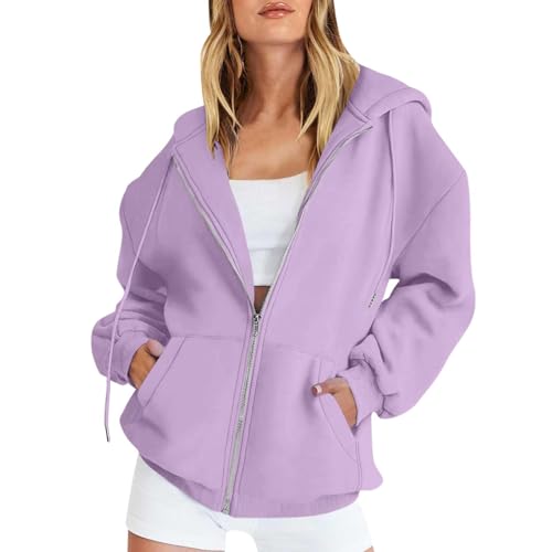 blitzangebote des tages sweatshirt damen loungewear damen set Damen Sweatjacke Oversize Zipper Einfarbig Y2K Kapuzenjacke Mantel Warme Winter Sportjacke pullover damen baumwolle (Light Purple, 3XL) von SHE.White