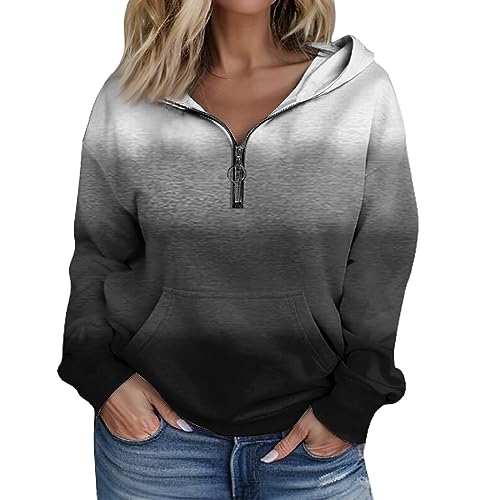 meine bestellung anzeigen sweatshirt coole sachen für teenager mädchen Damen V-Ausschnitt 1/4 Reißverschluss Gradient Langarm Kapuzenpullover Winter Hoody Pullover hoodie mädchen (Dunkelgrau, 3XL) von SHE.White