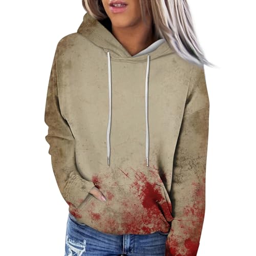 meine bestellung sweatshirt damen langarm halloween kostüm kürbis Damen Oversize Kapuzenpullover Blut Verletzung Horror Pullover Winter Festlich Party Kostüm jumpsuit damen kuschelig (Khaki, XL) von SHE.White