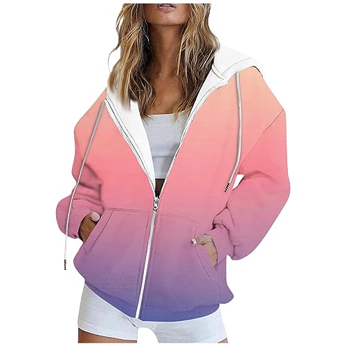 meine bestellungen anzeigen 2024 sweatjacke damen oversize shirt damen Damen Gradient Zipper Langarm Kapuzenpullis Mantel Mit Kordelzug Y2K Winter Hoody Jacke Mit Tasche kuscheljacke damen (Rosa, XXL von SHE.White