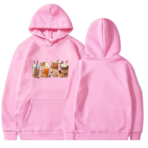 meine bestellungen damen sweatshirt winter halloween kostüm hexe Damen Halloween Kürbis Kaffee Drucken Oversize Kapuzenpullover Mit Tasche Lässiger Winterpullover kostüm damen kürbis (Rosa, L) von SHE.White