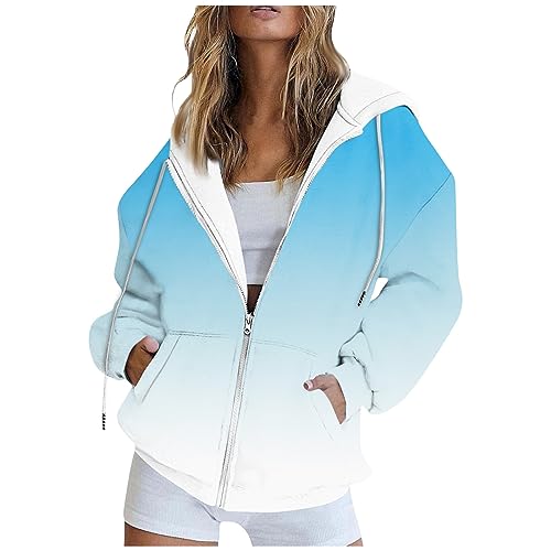 outlet angebote longpullover für damen damen mantel winter Damen Gradient Zipper Langarm Kapuzenpullis Mantel Mit Kordelzug Y2K Outdoor Winter Hoody Jacke Mit Tasche longpullover (Himmelblau, XXL) von SHE.White