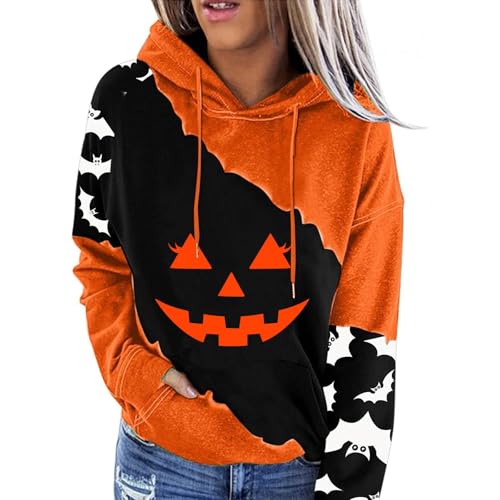 outlet angebote pompöös sweatshirt damen kürbis kostüm Damen Kapuzenpullover Halloween Kürbisse Drucken Kapuzenpullis Langarm Pulli Mode Drawstring Oberteil kostüm große größen (Orange, 3XL) von SHE.White