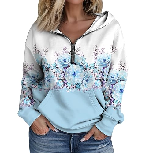 sale angebote zipper hoodie langarmshirt mädchen Damen Oversize V-Ausschnitt 1/4 Reißverschluss Blumen Drucken Pullover Mit Kapuze Mode Langarm Kapuzenpulli tops teenager mädchen (Hellblau, 3XL) von SHE.White