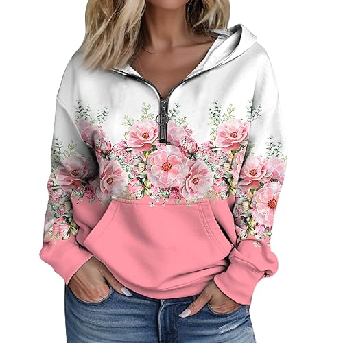 warehouse deals angebote pullover damen damen hoodies lounge wear Damen Oversize V-Ausschnitt 1/4 Reißverschluss Blumen Drucken Pullover Mode Kapuzenpulli winterpullover damen warm (Rosa, 3XL) von SHE.White