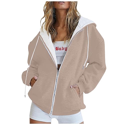 weiße blusen günstig pullover für damen fleecepullover damen Hoodies Damen Oversize Einfarbig Y2K Sweatjacke Mantel Winter Outdoor Kapuzenjacke Pulli Mit Tasche karierte jacke damen (Beige, 3XL) von SHE.White