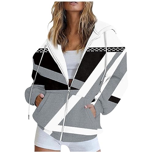 weiße blusen günstig winterjacke damen damen winterjacke Damen Sweatjacke Langarm Oversize Y2K Zipper Kariert Drucken Drawstring Kapuzenpullover Mantel Athletic Jacke damen winterjacke (Weiß, S) von SHE.White