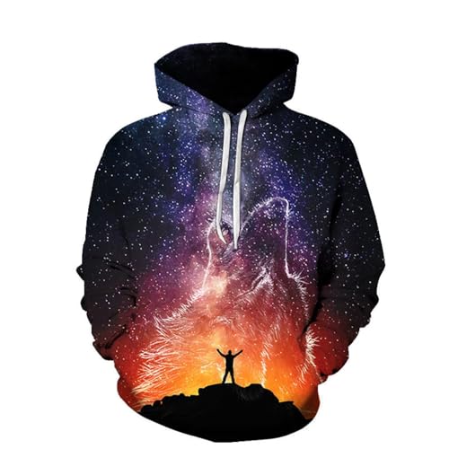 SHELOG Animal Theme Star Wolf Roar Herrenmode 3D-Gedruckter Hoodie Festival Street Front Pocket Design Sweatshirt von SHELOG