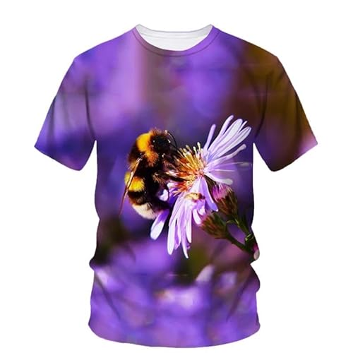 SHELOG Biene Lila Blume Sommer Mode T-Shirt Herren Tops 3D Gedruckt Übergroße Straße Kurzarm Kleidung T-Shirt von SHELOG