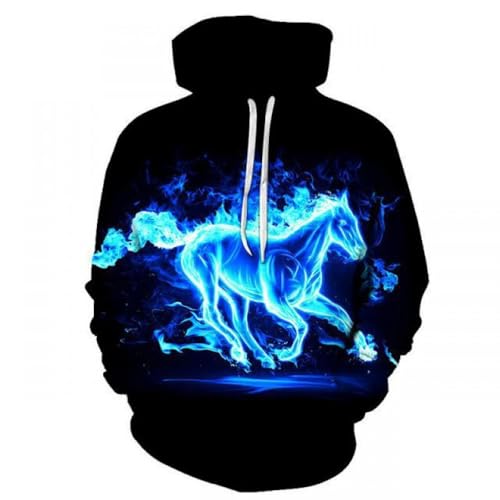 SHELOG Cooles blaues Flammen-Tierpferd, modisches 3D-gedrucktes Hoodie-Herren-Langarm-Sweatshirt, Cooles Street-Pullover-Shirt von SHELOG