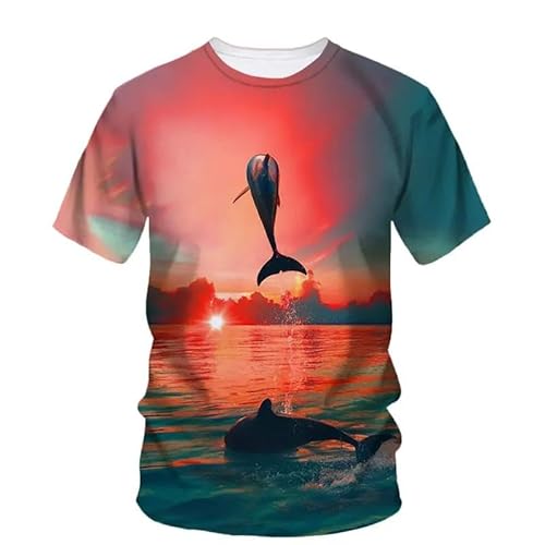 SHELOG Dolphin Ocean Beach View T-Shirt 3D-Druck Mode Herren T-Shirt Übergroße Streetwear Rundhals Modekleidung von SHELOG