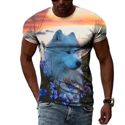 SHELOG Haustier Hund Blau Floral Herren 3D T-Shirt Mode Hip Hop Rundhals Kurzarm Top Harajuku männer Übergroße T-Shirt von SHELOG