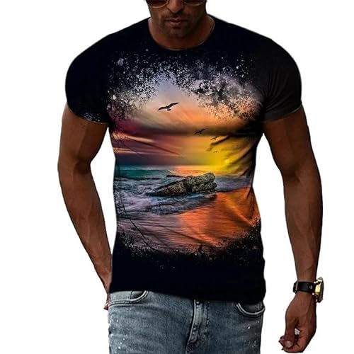 SHELOG Illusion Sunrise Reef Scenery 3D-gedrucktes Herren-T-Shirt, modisches, lässiges Kurzarm-T-Shirt, Hip Hop, Harajuku, Streetwear von SHELOG