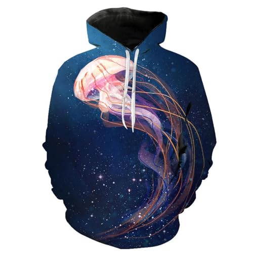 SHELOG Kreativer Sternenhimmel, Bunte Quallen, 3D-Druck, Unisex, interessante Mode, langärmelig, Kapuzenpullover, Street-Trend-Top von SHELOG