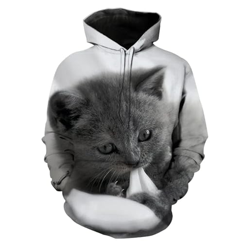 SHELOG Süßer Kätzchen-Grauer 3D-Gedruckter Kapuzenpullover für Herren, lässiger Kapuzenpullover, trendiges Streetwear-Modeoberteil von SHELOG