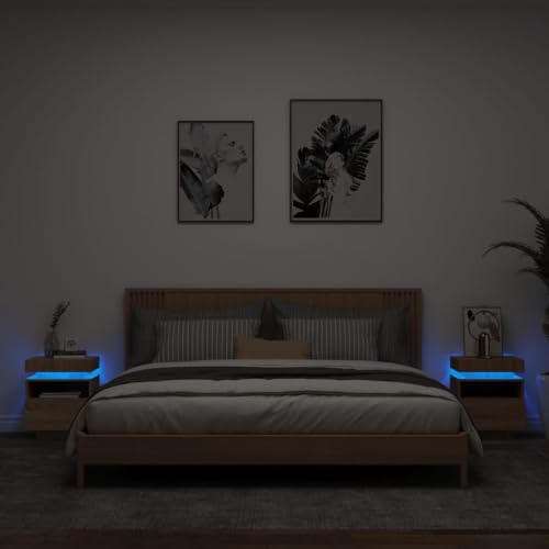 Nachttische, LED-Nachtschränke, Nachttische, Schlafzimmer, Wohnzimmer, Aufbewahrungseinheiten mit LED-Leuchten, 2 Stück, Sonoma-Eiche, 40 x 39 x 48,5 cm Lofty Ambition von SHERAF