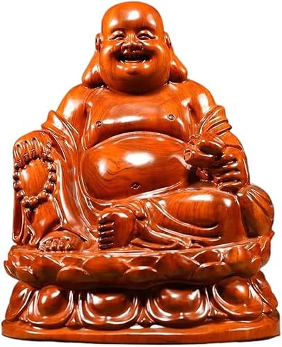 Künstliche Figurstatue, Holzstatue von Buddha-Ornamenten, sitzender Lotus, lachender Buddha, Massivholzschnitzerei, Zuhause, Wohnzimmer, Mahagoni, Kunsthandwerk, Schreibtischdekoration (19,68 Zoll) von SHGDAIO