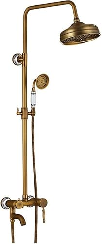 SHGDAIO 8-Zoll-Vintage-Luxus-Duscharmatur-Set, Antik-Bronze-Duschkombinationsset, an der Wand montiertes Badezimmer-Duschsystem mit Regenduschkopf, Handbrause und Badewannenhahn, E (Farbe: F) von SHGDAIO