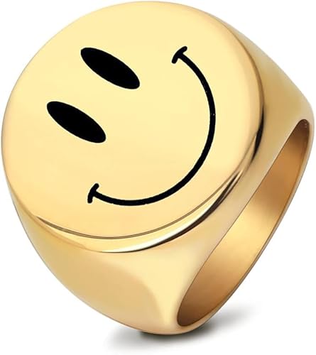 SHGDAIO Mädchen Produkte Trendy Glatte Gold Farbe Überzogene Edelstahl Smiley Gesicht Ring Nette Positive Gold Lächeln Ring Für Frauen Mann Geschenke von SHGDAIO