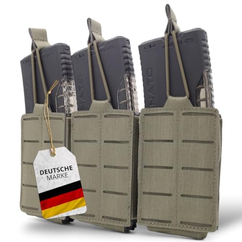 SHIELD Germany 3er Molle Magazintasche Schwarz - Ideal für M4, AK und AR15 Magazin - Premium Airsoft Zubehör, Molle Pouch für Airsoft Plattenträger (Steingrau Oliv) von SHIELD Germany