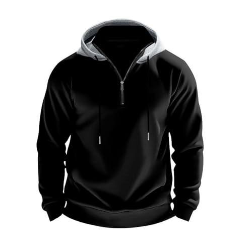 Einfarbiger Herren-Kapuzenpullover, sportlich, Herbst-Winter, halber Reißverschluss, Kapuze, lose elastische Manschette, warmer Pullover, mittellang, Hip-Hop-Top für den täglichen Sport Schwarz XXL von SHINROAD