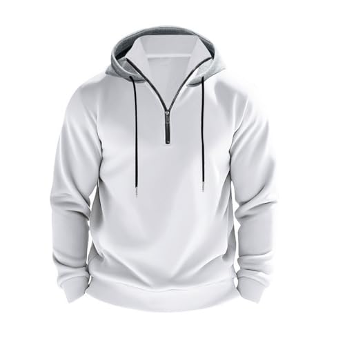 Einfarbiger Herren-Kapuzenpullover, sportlich, Herbst-Winter, halber Reißverschluss, Kapuze, lose elastische Manschette, warmer Pullover, mittellang, Hip-Hop-Top für den täglichen Sport Weiß XXXL von SHINROAD