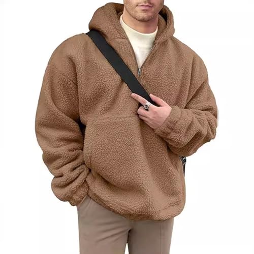 Einfarbiger Herren-Kapuzenpullover mit großer Tasche, gemütlicher Winter, große Vorderseite, doppelseitiger Flanell-Kragen halbem Reißverschluss, lockere lange Ärmel, Thermo-Oberteil, Khaki L von SHINROAD