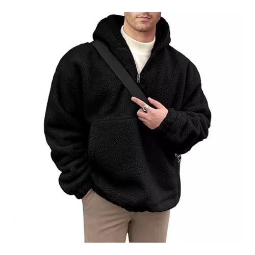 Einfarbiger Herren-Kapuzenpullover mit großer Tasche, gemütlicher Winter, große Vorderseite, doppelseitiger Flanell-Kragen halbem Reißverschluss, lockere lange Ärmel, Thermo-Oberteil, Schwarz L von SHINROAD