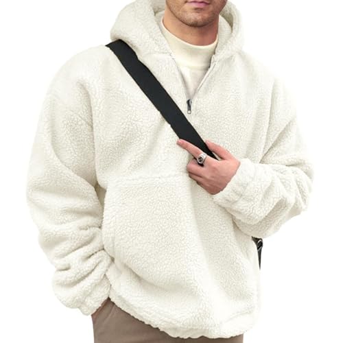 Einfarbiger Herren-Kapuzenpullover mit großer Tasche, gemütlicher Winter, große Vorderseite, doppelseitiger Flanell-Kragen halbem Reißverschluss, lockere lange Ärmel, Thermo-Oberteil, Weiß 2xl von SHINROAD