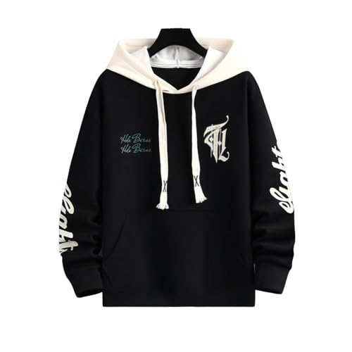 SHINROAD Alltagskleidung Herren Hoodie Herren Farbblock-Hoodie Herren-Winter-Farbblock-Hoodie mit Buchstabendruck Kapuze Kordelzug Schwarz L von SHINROAD