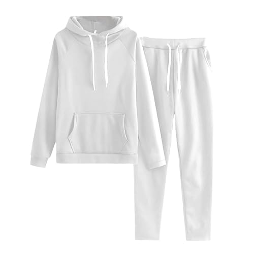 SHINROAD Casual Hoodie Anzug Einfarbig 2 Teile/Satz Frauen Hosen Kordelzug Lange Ärmel Sport Top Elastische Taille Knöchel-Banded Hosen Fitness Outfit für Herbst Weiß XXXL von SHINROAD