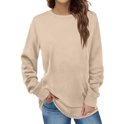 SHINROAD Damen-Pullover mit Rundhalsausschnitt, mittellang, lockere Passform, einfarbig, für Frühling, Herbst, Beige, Größe XXL von SHINROAD