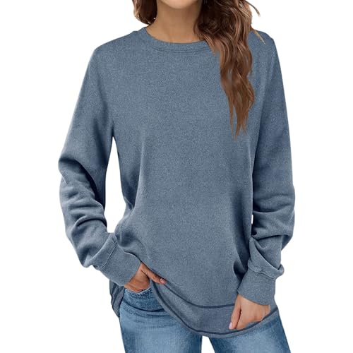 SHINROAD Damen-Pullover mit Rundhalsausschnitt, mittellang, lockere Passform, einfarbig, für Frühling, Herbst, Blau, Größe XXL von SHINROAD