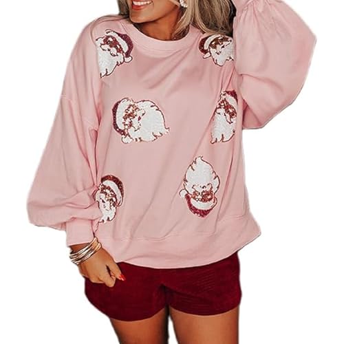 SHINROAD Damen-Sweatshirt mit Weihnachtsgrafik, lustiger Druck, Rundhalsausschnitt, Pailletten, Weihnachtsmann-Muster, lockere lange Laternenärmel, Pullover, hält warm, Rosa, Größe L von SHINROAD