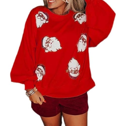 SHINROAD Damen-Sweatshirt mit lustigem Aufdruck, Weihnachtsgrafik, Rundhalsausschnitt, Pailletten, Weihnachtsmann-Muster, lockere Lange Laternenärmel, Pullover, warm halten, Neujahrsparty Rot M von SHINROAD